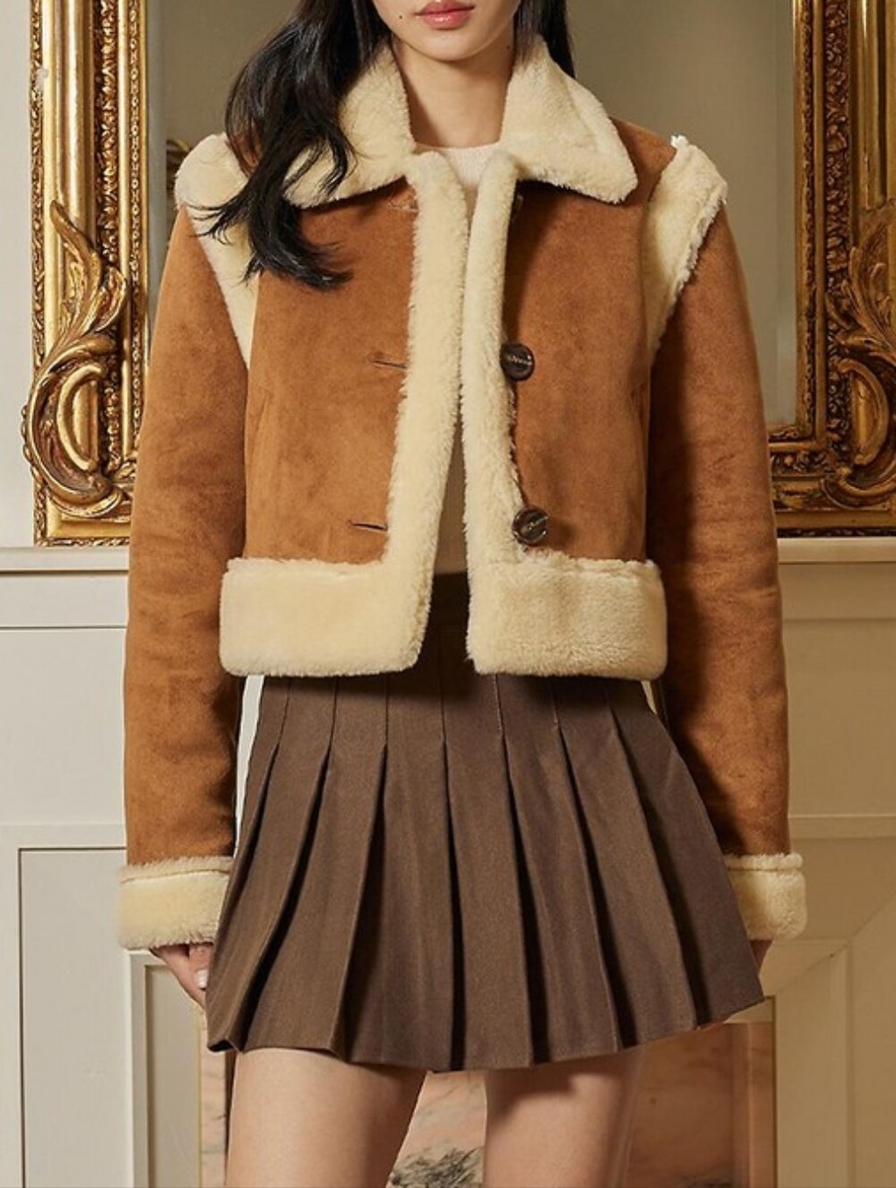 ITOV SEOUL Faux Shearling Trim Cropped Coat